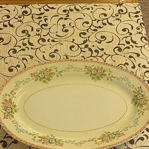 National China Floral Oval Serving Platter - Cream and Green